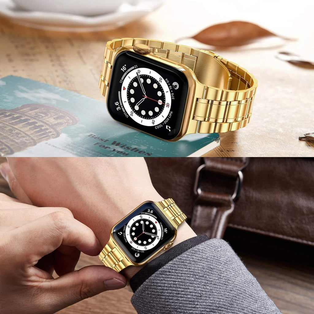 Solid Stainless Steel Band Compatible with Apple Watch 44Mm(Series 6/5/4/SE), 42Mm (Series 3/2/1), Metal Strap with Soft TPU Case for Iwatch Bands for Women and Men, Gold